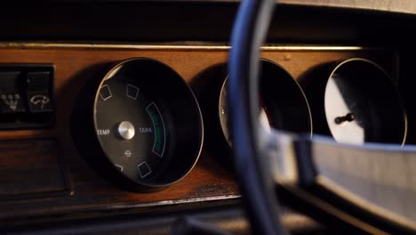 Opel-Olympia-classic-car-dashboard-macro-shot-on-a-slider-during-sunset,-50-fps,-slow-motion