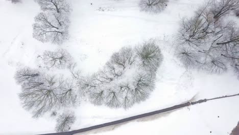 Aerial-tracking-shot-above-a-city-park-and-a-residential-building's-yard-covered-in-snow