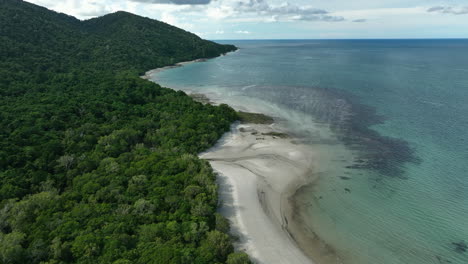 Aerial-view-over-the-beach-and-ocean-with-the-surrounding-rainforest-in-Cape-Tribulation,-Australia