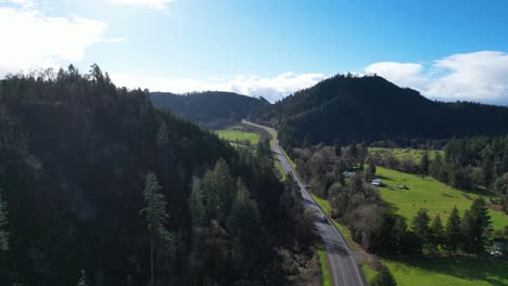 Beautiful-4K-aerial-drone-shot-overlooking-freeway-and-landscape-in-Southern-Oregon