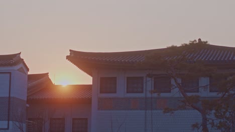Asian-Korean-Chinese-Japanese-traditional-national-houses-construction-buildings-in-the-city-town-urban-area-sunlight-sunset-time