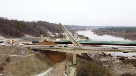Collapsed-Kleboniskis-bridge-in-Kaunas-city,-aerial-drone-view