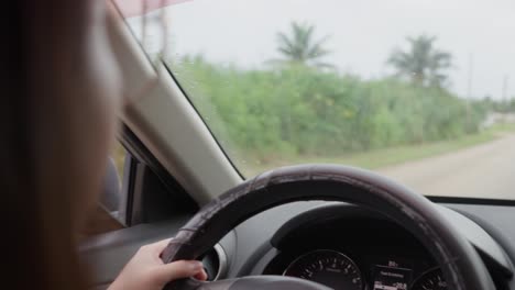 Chica-Asiática-Conduciendo-Por-Una-Zona-Rural