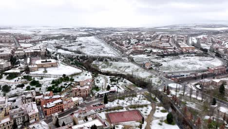 Aerial-view-of-a-winter-scene-in-the-city-of-Salamanca,-Spain