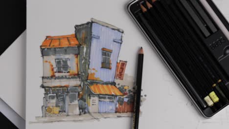 Top-down-zoom-of-an-architectural-sketch-and-drawing-pencils