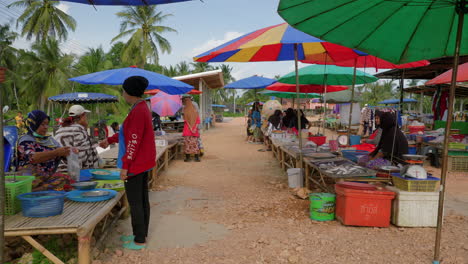 Local-farmers-selling-fish-on-food-stalls-at-outdoor-farmers-market-in-Asia,-establishing-shot
