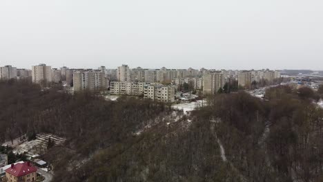 Moody-apartment-buildings-of-Silainiai-in-Kaunas-city,-aerial-drone-view