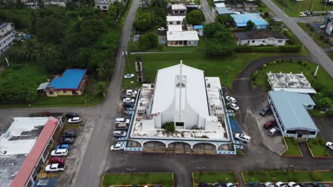 Aerial-Drone-Shot-of-a-Church-and-City-View