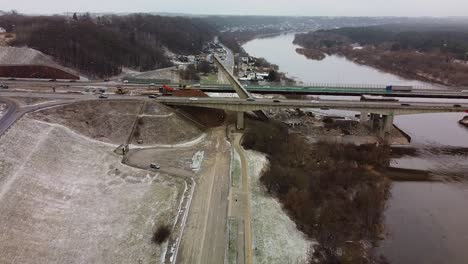A1-highway-bridge-disaster-during-demolish,-aerial-drone-view