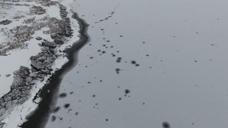 Looking-down-at-frozen-lake-shore,-ice-circles-on-surface