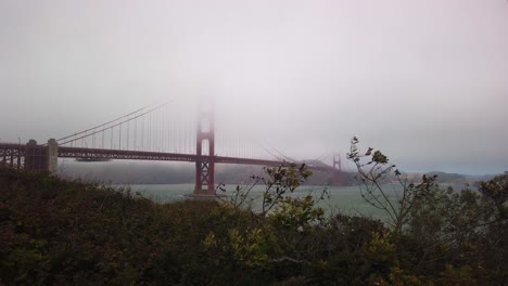 Gimbal-wide-static-shot-of-the-Golden-Gate-Bridge-covered-in-fog-from-the-Presidio-in-San-Francisco,-California