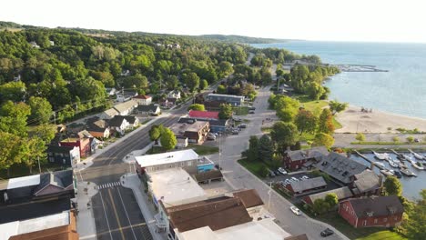 Downton-of-Suttons-Bay-in-Michigan,-iconic-American-town,-aerial-drone-view