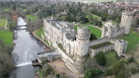 Warwick-Castle-Warwickshire-UK-Drone,-Aerial,-view-from-air,-birds-eye-view