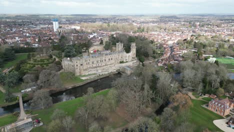 Warwick-Castle-Warwickshire-UK-Drone,-Aerial-pull-back-reveal