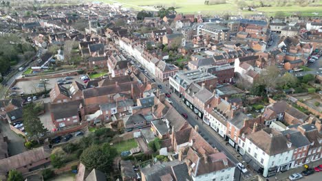 High-street-Warwick-market-town,-Warwickshire-UK-Drone,-Aerial
