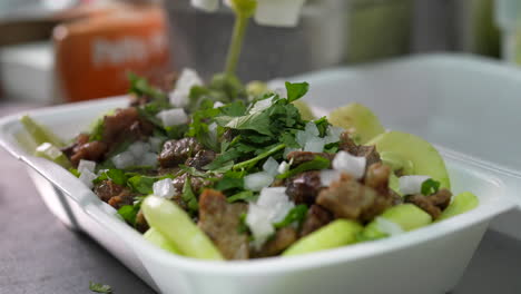 Squirting-avocado-salsa-sauce-on-a-keto-bowl---food-truck-series
