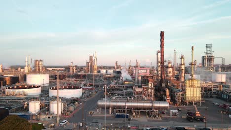 Marathon-Oil-Refinery-facility-in-Michigan,-aerial-drone-view-on-sunny-day