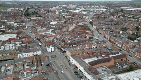 Stadtzentrum-Von-Stratford-upon-Avon,-England,-Steigende-Drohnen-Luftaufnahme