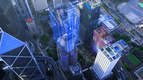 Luftaufnahme-Einer-Digitalen-Bewegungsgrafik,-Die-Die-Struktur-Einer-Baustelle-Auf-Dem-Dach-Eines-Neuen-Wolkenkratzergebäudes-In-Der-Stadt-Hongkong-Zeigt