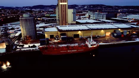 Cargo-ship-docked-at-the-port-in-Drammen,-Norway