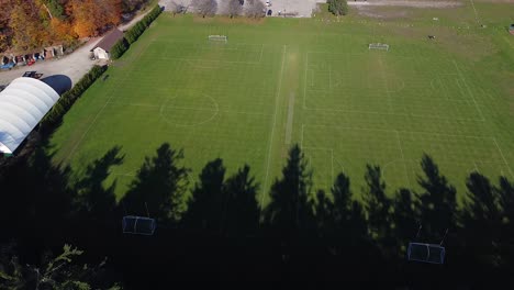 Soccer-field-lines-on-real-grass-with-goal-nets-surrounded-by-trees