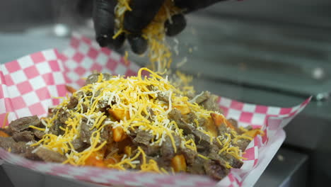 Marinated,-chopped,-grilled-steak-on-French-fries-to-make-carne-asada-fries---food-truck-series