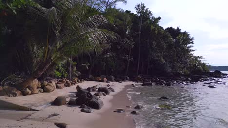 Rounded-black-stones-on-white-sand-beach-under-palm-trees
