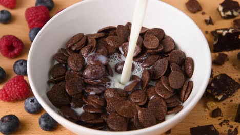 Shot-of-milk-being-poured-into-a-bowl-of-chocolate-cereal