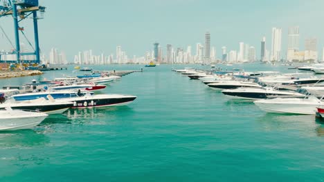 Aerial-Drone-Shot-of-a-marina,-boats-parking-in-Colombia,-Cartagena