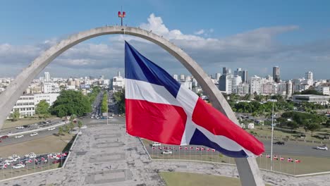 Close-up-shot-of-flag-of-Dominican-Republic-on-Memorial-at-Plaza-de-la-Bandera,-Dominican-Republic
