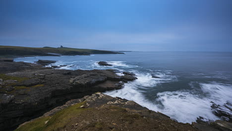 Panorama-motion-timelapse-of-rugged-coastline-with-moving-clouds-and-Classiebawn-castle-in-distance-in-Mullaghmore-Head-in-county-Sligo-on-the-Wild-Atlantic-Way-in-Ireland