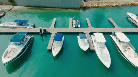 Aerial-Drone-shot-of-parking-boats,-marina-in-Colombia,-Cartagena