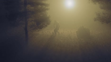 Zombie-monster-limping-in-a-foggy-forest