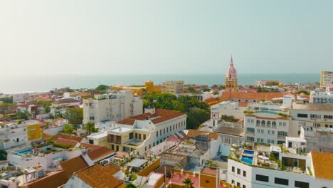 Aerial-drone-shot-of-Cartagena-city-in-Colombia,-the-ocean-and-the-buildings