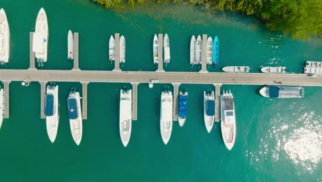 Top-down-Drone-shot-of-parking-boats,-marina-in-Colombia,-Cartagena