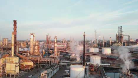 Marathon-Oil-Refinery-with-smoking-chimneys-during-golden-hour,-aerial-drone-view