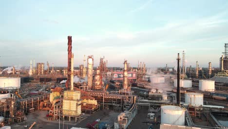 Oil-refinery-factory-during-golden-hour,-aerial-drone-view