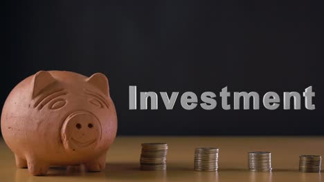 Investment-text-and-hand-of-a-white-man-putting-coin-in-a-clay-piggy-bank