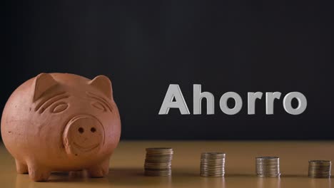 Ahorro-text-in-spanish-and-hand-of-a-white-man-putting-coin-in-a-clay-piggy-bank