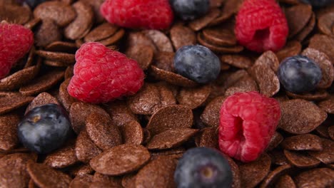 Close-up-detail-shot-of-chocolate-cereal-with-fruit