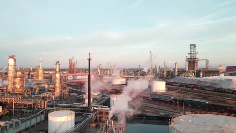 Michigan-oil-refinery-factory-on-sunny-evening,-aerial-drone-view