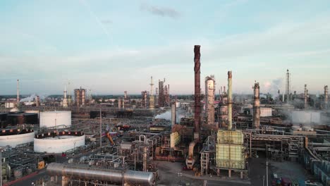Oil-refinery-facility-with-many-chimneys,-aerial-drone-view