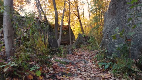 Fallen-autumn-forest-leaves-on-pathway-with-massive-rocks-around,-dolly-forward