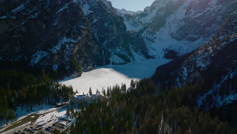 Aerial-View-Winter-Alps-Landscape-Of-Lago-di-Braies