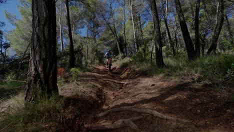 Woman-mountain-biker-downhill-mountain-biking-forest-trail