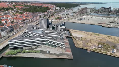 Aerial-Aarhus-City-Coastline,-Navitas-Building,-Denmark