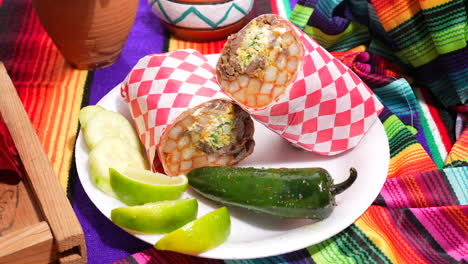 California-burrito-ready-to-serve-and-eat-with-grilled-chili-pepper,-lime,-cucumber---food-truck-series