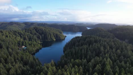 Beautiful-4K-aerial-drone-shot-peaking-over-Southern-Oregon-tree-landscape-and-river