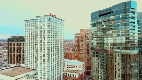 Aerial-view-of-high-rise-apartments-and-hotels-in-downtown-Baltimore-area
