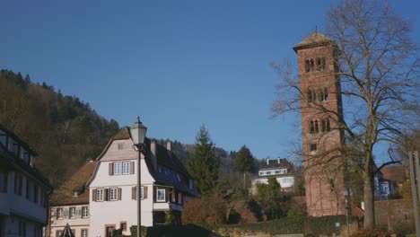 Large-Building-Walls-Overlooking-Medieval-Church-Ruins-in-Village-Discovered-in-Baden-Baden-in-4K